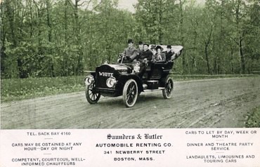 Featured is a postcard image promoting an "Automobile Rental Co." (Saunders & Butler on Newberry St. in Boston) circa 1905.  The concept of Rental Cars goes back a long way!  The car featured is a "White" auto.  The rare original advertising postcard is for sale in The unltd.com Store.  